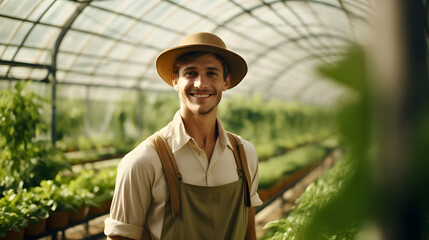 Handsome young man standing in a glasshouse, wearing a straw hat and farmer clothes, smiling and looking at the camera. Indoor greenhouse organic plant growing, hothouse botanical cultivation concept - obrazy, fototapety, plakaty