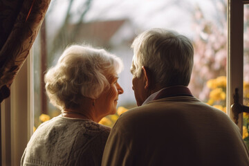 The elderly husband and wife exchange glances by the window