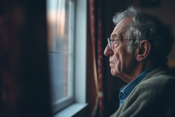 An elderly man is looking through the window and feeling depressed