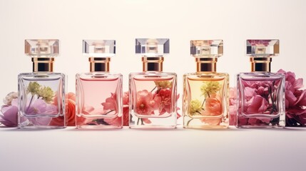 Fragrant haven: perfume bubbles intermingled with flowers, a composition of glamour and nature's scented bounty.