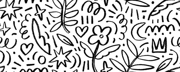 Seamless banner design with charcoal flowers, crowns, stars and speckles. Hand drawn childish doodle seamless pattern. - obrazy, fototapety, plakaty