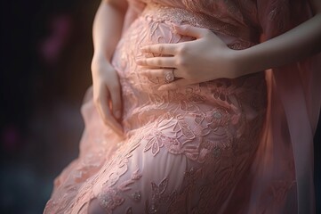 Maternity pregnancy photoshoot session. Pregnant woman in rosy gentle dress touching her belly. Generate ai
