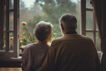 Facing away, the old grandmother and grandfather share a moment of observation through the window - obrazy, fototapety, plakaty