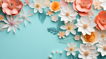 Spring flowers in paper cut style with copy space - obrazy, fototapety, plakaty