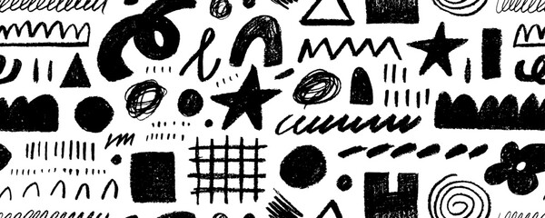 Seamless banner design with charcoal doodle shapes and rough pencil lines. - obrazy, fototapety, plakaty