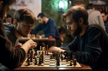 Men playing chess during tournament. Logical brain board game competition. Generate ai