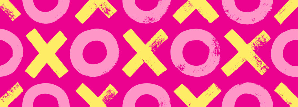 Seamless banner design with crosses and circles in bright pink colors. Brush drawn geometric seamless pattern.
