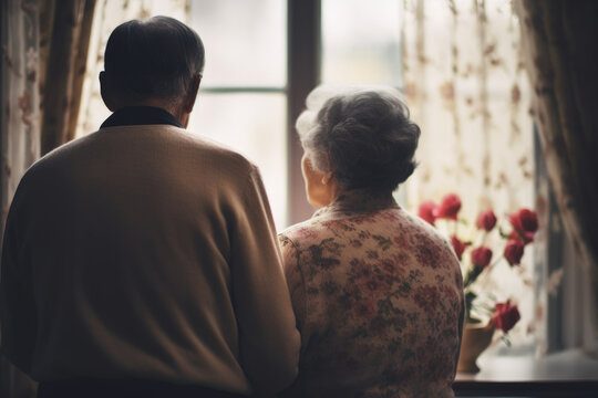 Looking through the window, the aged grandmother and grandfather, facing away, contemplate