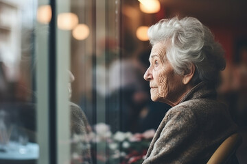 The elderly woman is looking through the window, waiting for someone to come by. She looks depressed