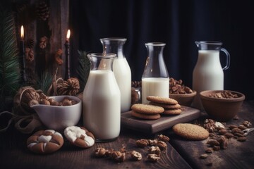 Milk bottles with gingerbread cookies. Homemade biscuits with dairy beverage drink. Generate ai