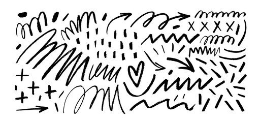 Set of fun monochrome charcoal doodle lines, arrows and strokes. - obrazy, fototapety, plakaty
