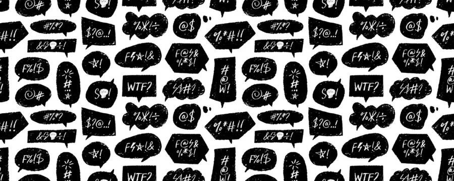 Comic speech bubble with swear words seamless pattern. Hand drawn charcoal speech bubble.