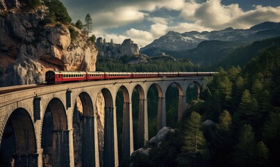 Fototapeta na wymiar Train Winding Through Mountain Viaduct