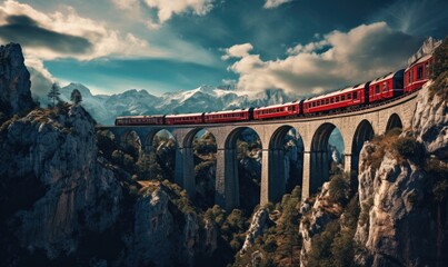 Alpine Train on a Mountain Viaduct