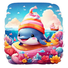 Sticker isolated cute whale wearing a pink hat on sea nature background. Transparent background. Generative AI
