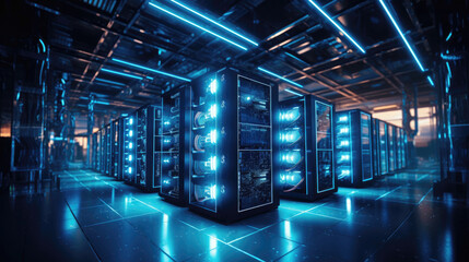 Bitcoin and crypto mining farm. Big data center. High tech server computers at work