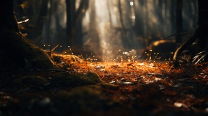 A forest with a lot of small fireflies in it, AI - Powered by Adobe
