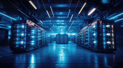 Bitcoin and crypto mining farm. Big data center. High tech server computers at work in blue lighting