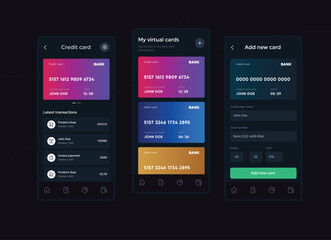 Design template of mobile banking application, dark theme, bank cards, create new
