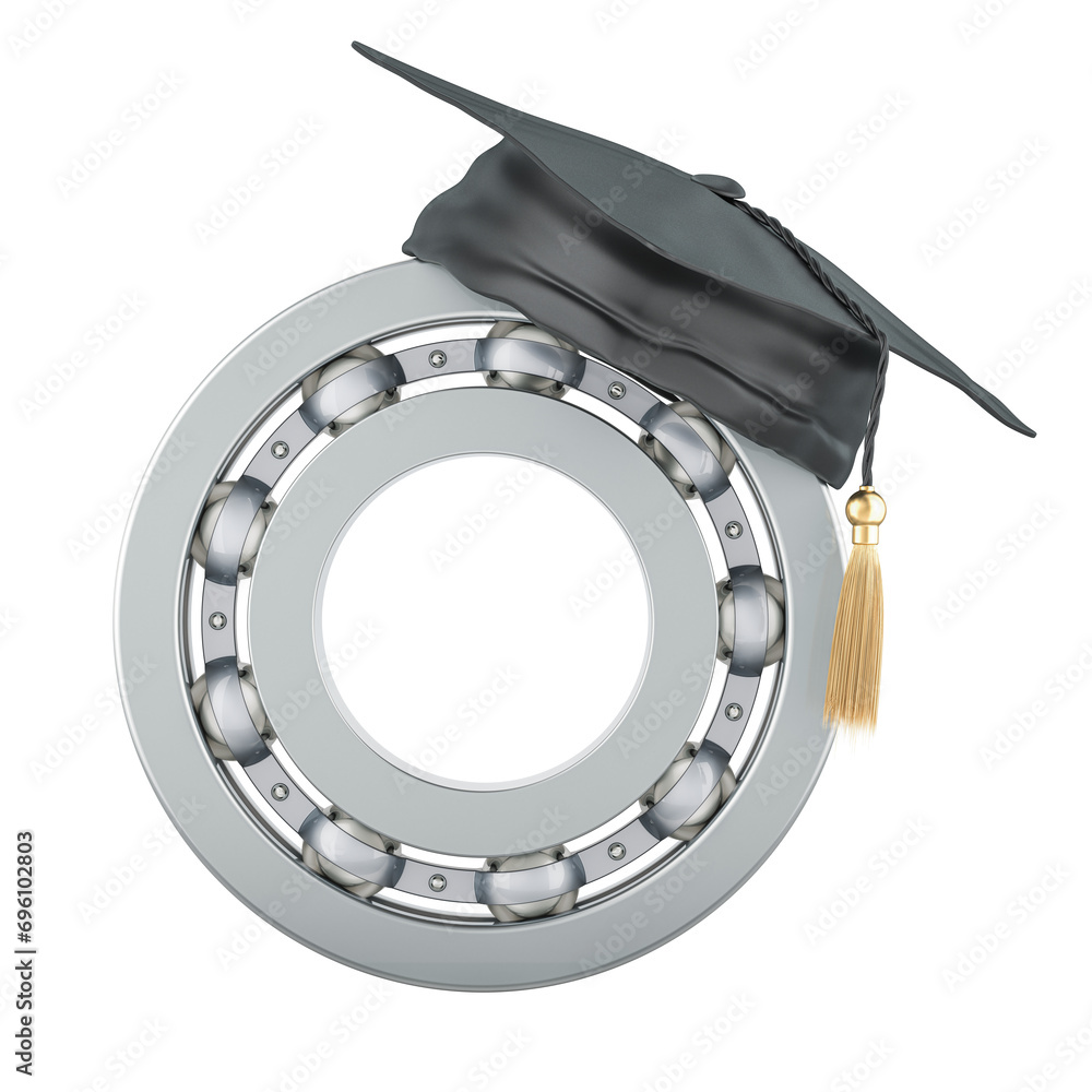 Poster ball-bearing with graduation cap. 3d rendering isolated on transparent background