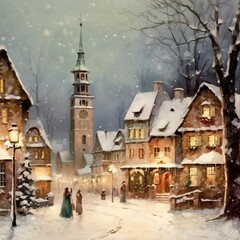 oil paint of Snowy Village Square: Illustrate a quaint village square adorned with snow and...