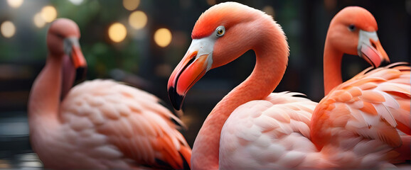 Flamingo Bird, it is dark outside, rear view, wide angle shot