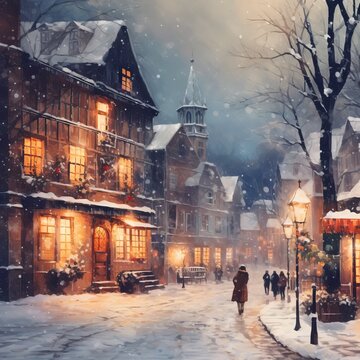 oil paint of Snowy Village Square: Illustrate a quaint village square adorned with snow and twinkling lights., winter snowy landscape, vintage color, nostalgic natures, dark white and bronze