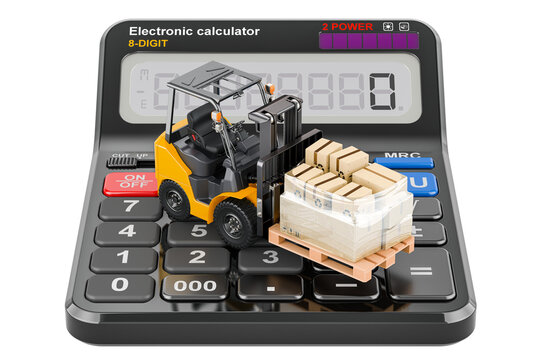 Calculation of shipping, concept. Forklift truck with parcels on calculator. 3D rendering isolated on transparent background