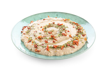 Plate of tasty baba ghanoush on white background