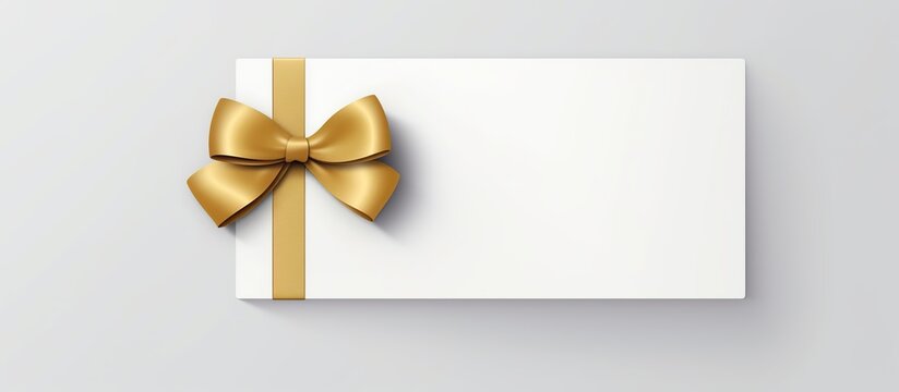 Blank white gift voucher with gold ribbon isolated on white