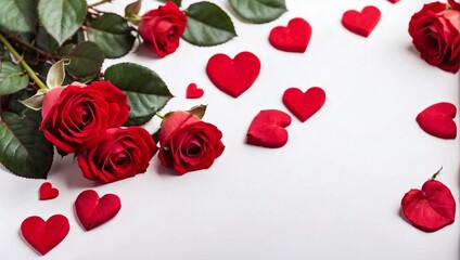 Website Banner, Red Rose and Heart Valentine's Day Theme on White Background, Top View, Copy Space for Text