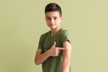 Little boy pointing at plaster after vaccination on green background