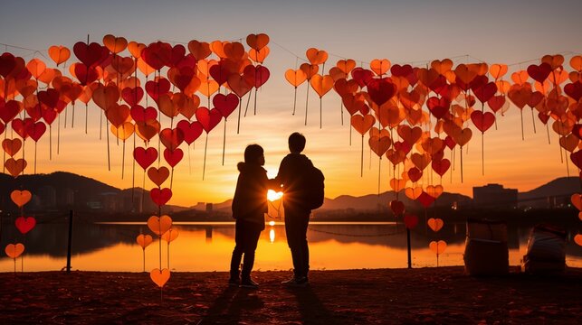 Pictures of two individuals organizing a lantern festival in the shape of hearts against the backdrop of a setting sun