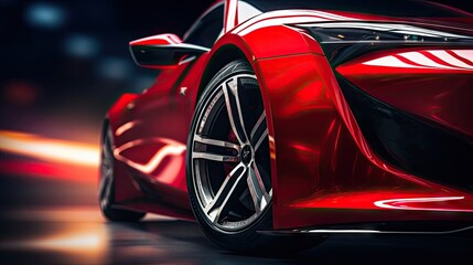 Sport car red color side close up view of wheels and neon headlights. - obrazy, fototapety, plakaty