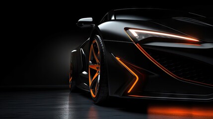 Sports car black color close up view - wheels and neon headlights close up, copy space. - obrazy, fototapety, plakaty