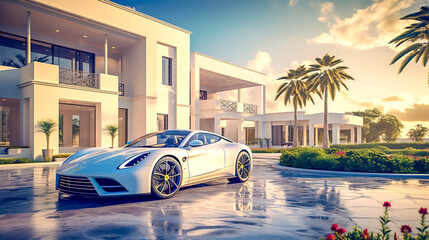 high-end sports car parked in the driveway of a lavish modern villa, surrounded by palm trees under a warm sunset. luxury life style - obrazy, fototapety, plakaty