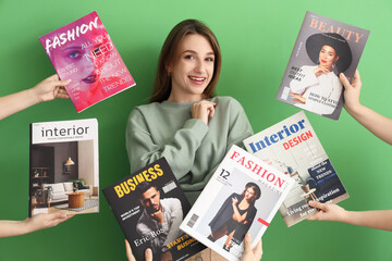 Beautiful woman and hands with magazines on green background