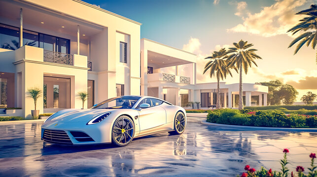 High-end Sports Car Parked In The Driveway Of A Lavish Modern Villa, Surrounded By Palm Trees Under A Warm Sunset. Luxury Life Style