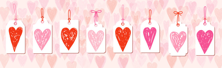 Cute vector set Valentine's Day gift tags with hand drawn doodle hearts, romantic cards with pink and red heart shapes for wedding and Mother's Day designs. - 696106078