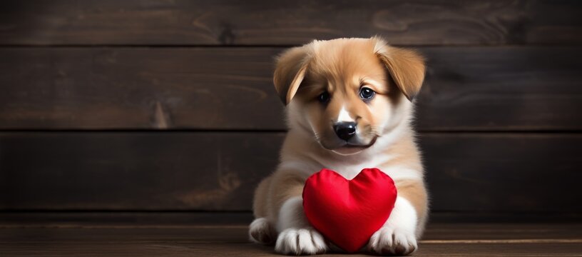 Generative AI image of  a puppy holding a love heart on a wooden dark background