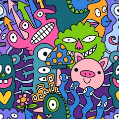 Obraz na płótnie Canvas Cartoon retro monsters seamless Halloween pattern for wrapping paper and fabrics and linens and kids