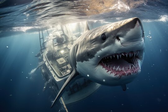 split view of great white shark lurking under boat