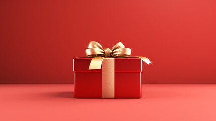 Cadeau rouge sur fond rouge. Espace vide de composition. Ambiance chaleureuse. Saint-Valentin, Noël, anniversaire. Plaisir, offrir. Arrière-plan pour conception et création graphique.