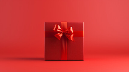 Cadeau rouge sur fond rouge. Espace vide de composition. Ambiance chaleureuse. Saint-Valentin, No&euml;l, anniversaire. Plaisir, offrir. Arri&egrave;re-plan pour conception et cr&eacute;ation graphique.