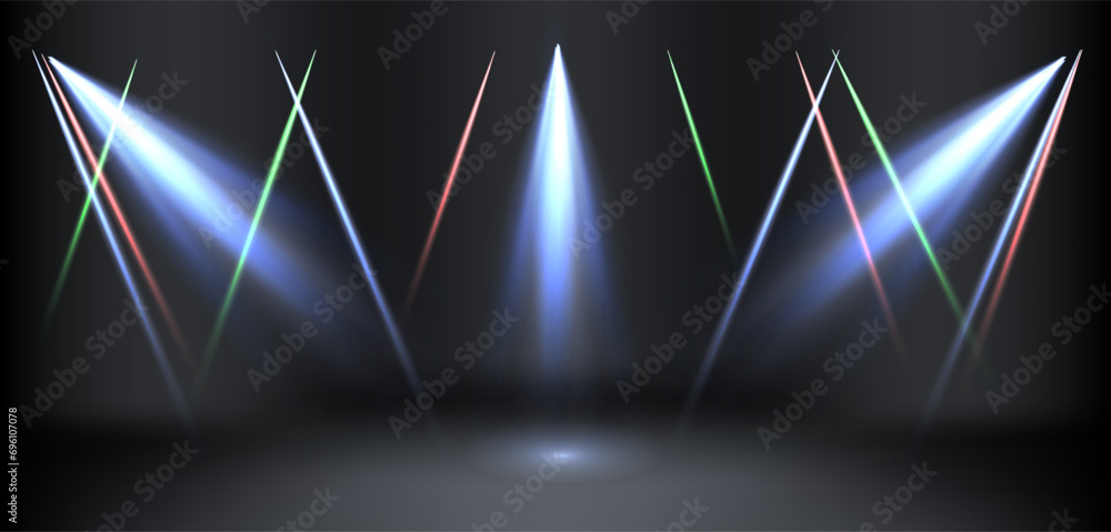 Poster dynamic display of intersecting laser lights on a reflective surface, creating a vibrant, futuristic