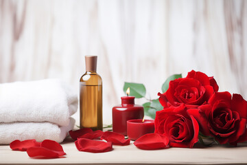 Obraz na płótnie Canvas Luxurious Spa Massage Setting with Wellness Decoration: Oil on Stone, White Towel, Red Roses, Wooden Background - Created with Generative AI Tools