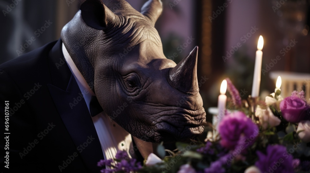 Poster a rhino in a tuxedo with a rhino mask on. generative ai.