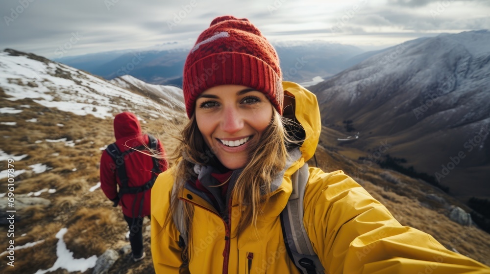 Poster A woman taking a selfie while hiking. Generative AI.