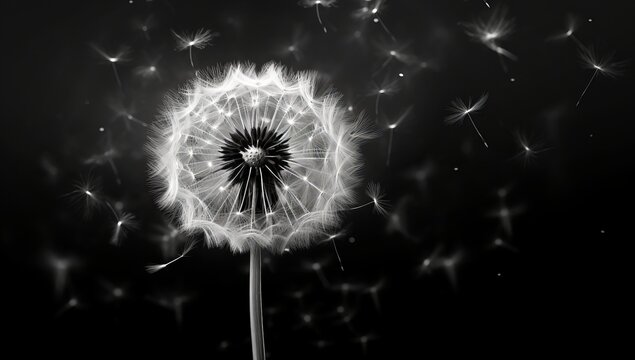 Generative AI image of dandelion isolated in black and white against  a black background 
