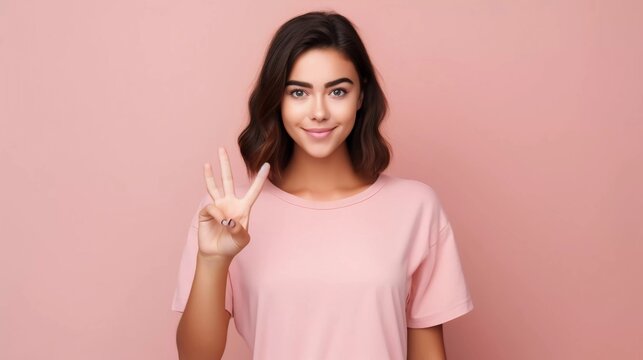 Photo of girl dressed in pink shirt showing two fingers on isolated background